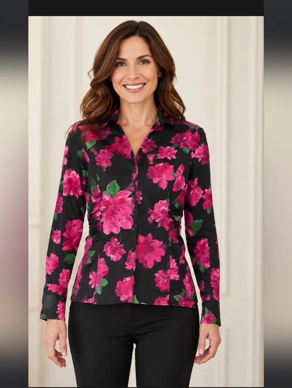 Ann Taylor Petite 2P Black Pink Floral Ruched Button-Front Blouse